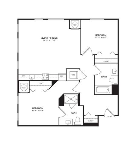 Floor plan for 2 beds, 2 baths, 966 sqft